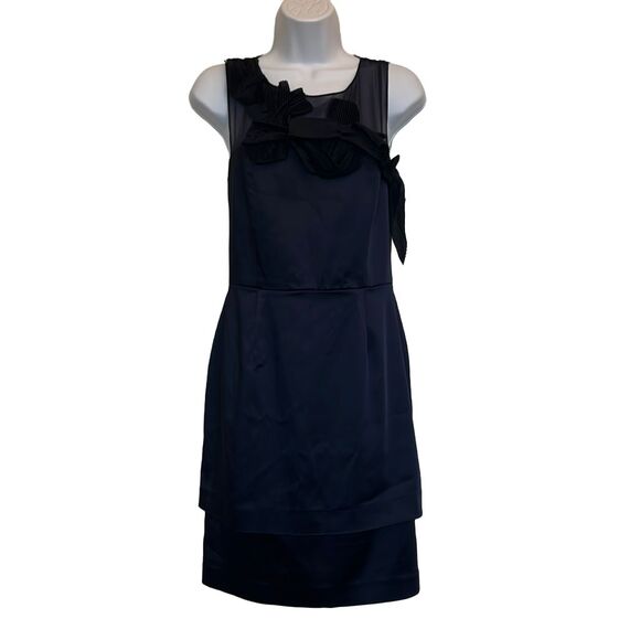 Taylor 6 Navy Blue Satin Silk Pleated Detail Cocktail Sheath Dress Party Formal - Picture 1 of 5